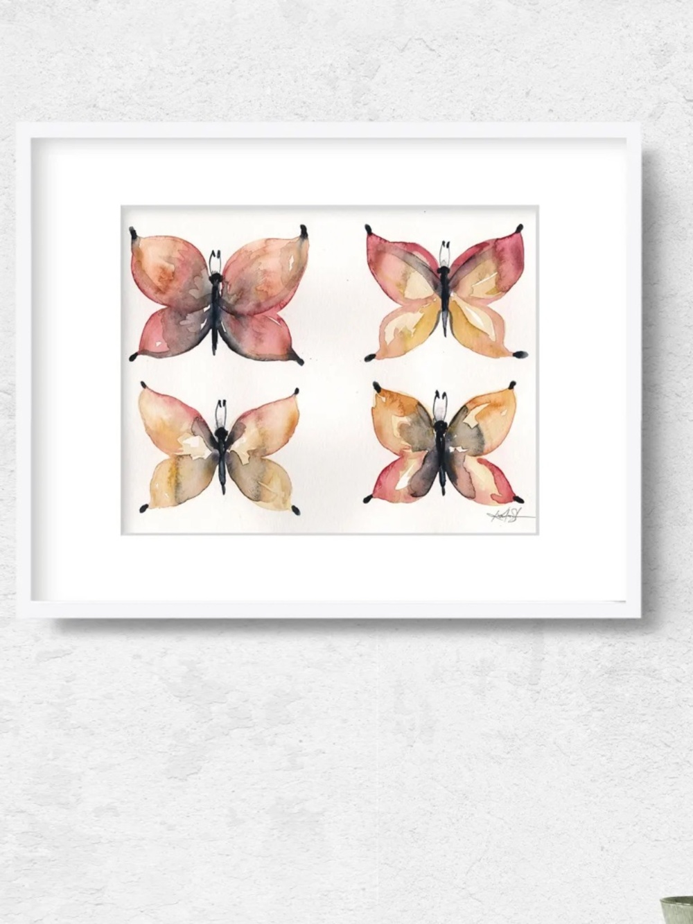 Original Butterfly Watercolor Painting, Abstract Pink Art  - Four Butterflies